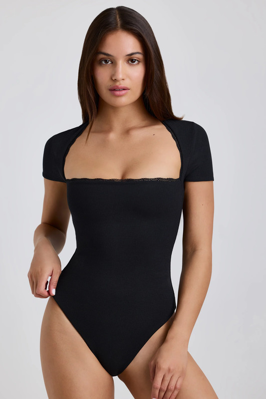 Ribbed Modal Lace-Trim Bodysuit in Black - Size:L